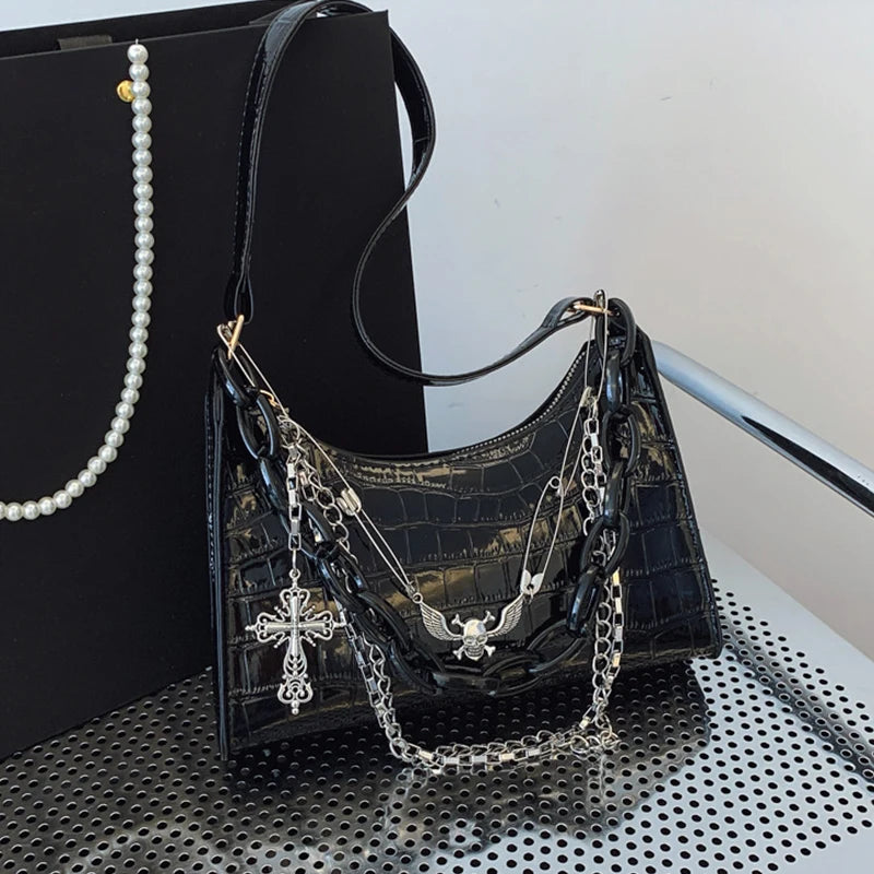 Cool Hot Girls Underarm Bags Purse Retro Punk Style Women Shoulder Handbags Chain Pu Leather Ladies Phone Crossbody Bag