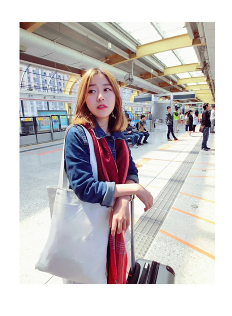 women Solid Canvas Casual Tote shoulder bags for girls female DIY handbags eco friendly shopping bag