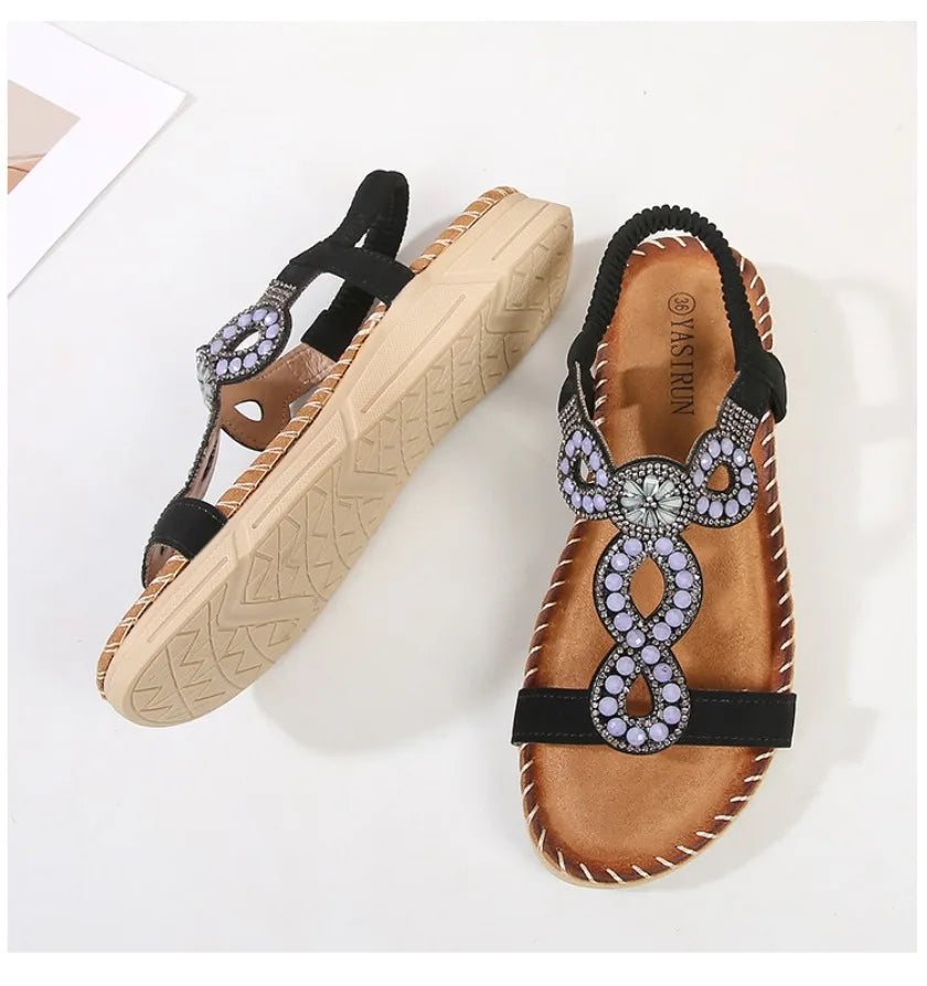 New fashionable Bohemian sandals, round-toe flat sandals for women, rhinestone-decorated large-size women's sandals