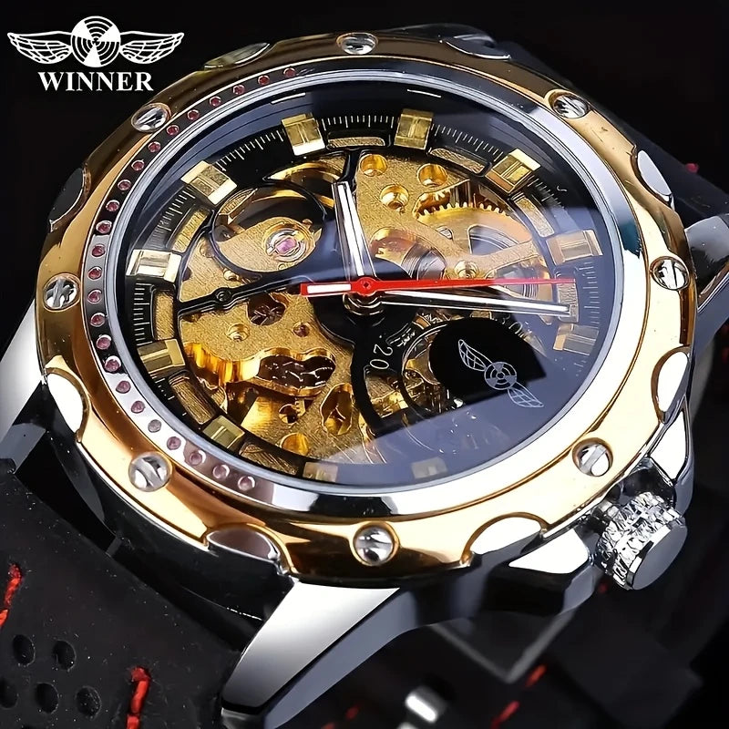 [1 Mechanical Watch for Men] Men's Fashion Mechanical Watch - Casual Style Hollow Design, 30m Waterproof, Round Alloy Case, Silicone Strap, Automatic Winding Movement - Elegant High-End Casual Business Watch, No Battery
