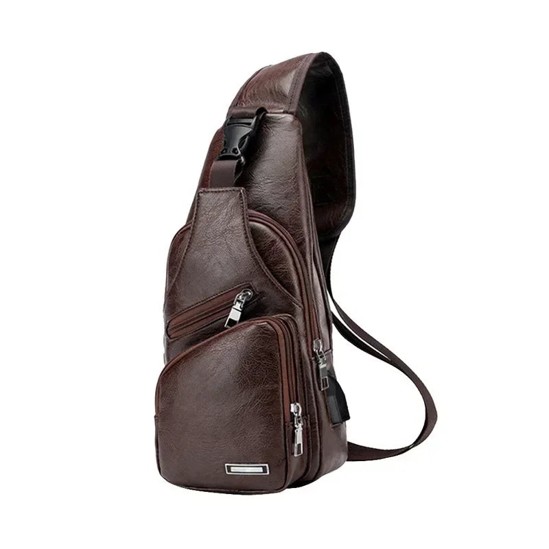 Men's Chest Bags Pack Business Messenger USB Charging Fashion PU Leather Waist Outdoor Casual Sports Brand Single Shoulder Bag