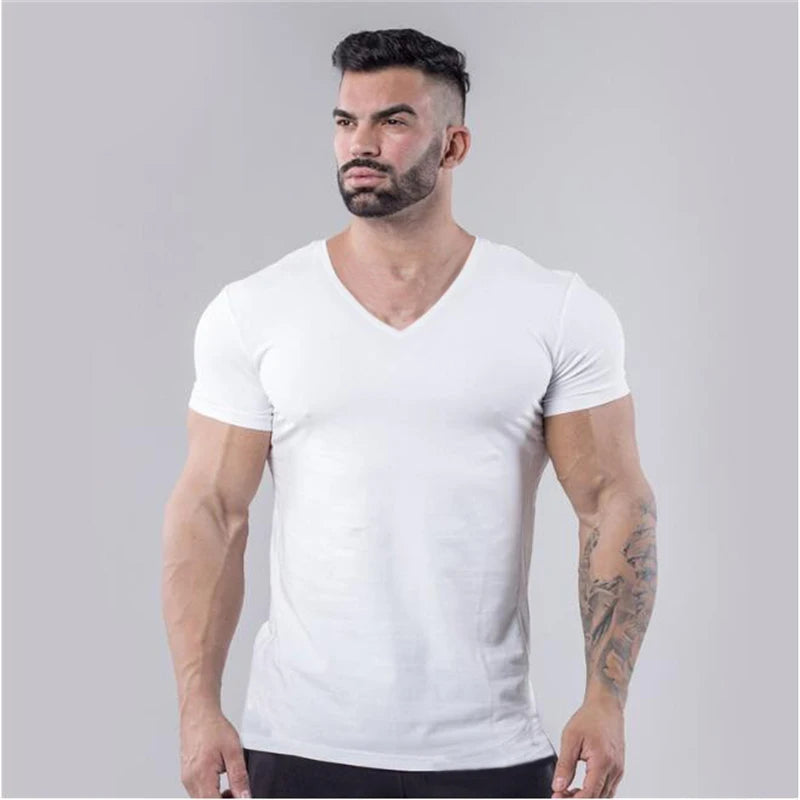 Mens Plain  Summer Cotton Breathable Short Sleeve Shirts Running V-neck T-shirt Gym Bodybuilding Fitness Workout Muscle Clothin