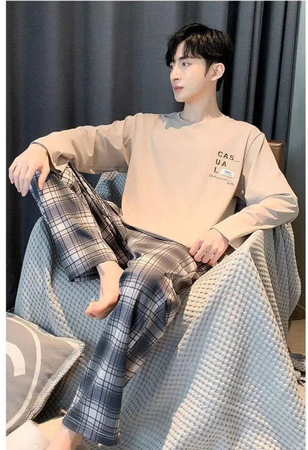 Plus Size Men Pajama Set Long Sleeve Long Pants Student Loose Casual Sleepwear Loungewear Two Piece Set Cartoon Nightwear