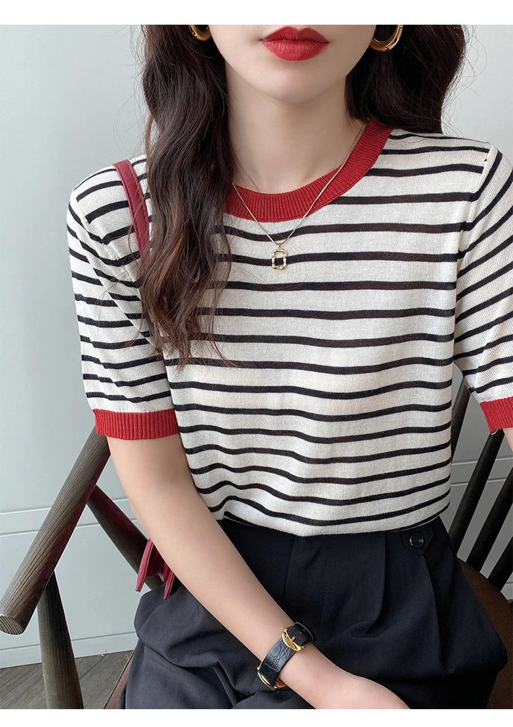 2026 Stripe Tops Women Knitted Round Collar Summer Print Short Sleeve Casual Simple Wild T-Shirt