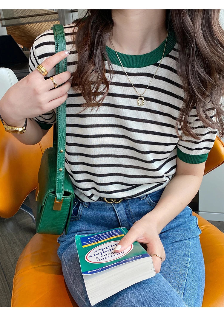 2026 Stripe Tops Women Knitted Round Collar Summer Print Short Sleeve Casual Simple Wild T-Shirt