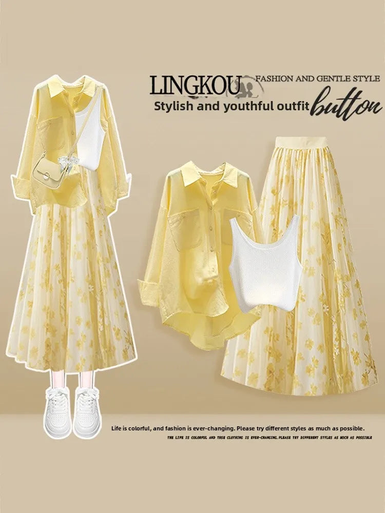 Summer Ele Yellow irt Inner Wear Vest High Waist Slim Floral f-length Skirt Tee-piece Set Women's Faion Ensemble