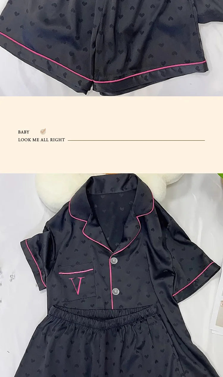 Summer Nightwear for Women: Ice-Silk Cool-Touch Short-Sleeved Premium Black Heart-Print Outerwear-Style Loungewear Fashion Set