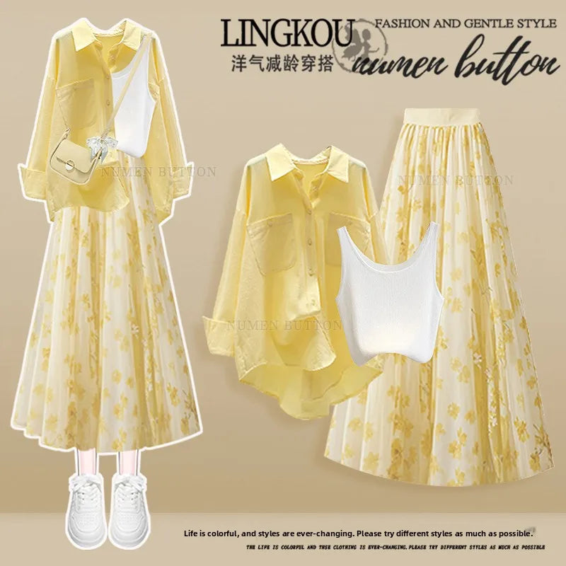 Summer Ele Yellow irt Inner Wear Vest High Waist Slim Floral f-length Skirt Tee-piece Set Women's Faion Ensemble
