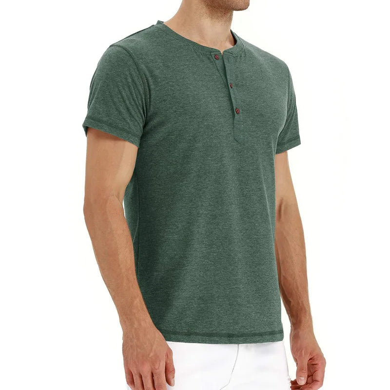 Summer Men T Shirt Short Sleeve Fashion Henley Collar Tshirt Solid Button Casual Men's Tshirts Cotton Tops Tees Mens Clothing