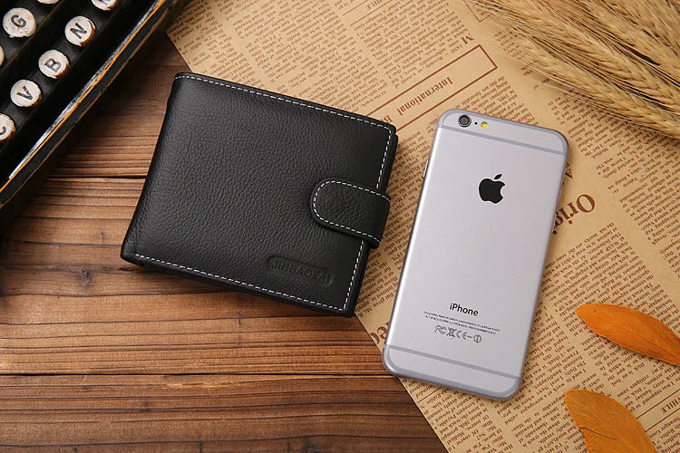 Genuine Leather Mens Wallet Premium Product Real Cowhide Wallets for Man Short Black Walet Portefeuille Homme Short Purses