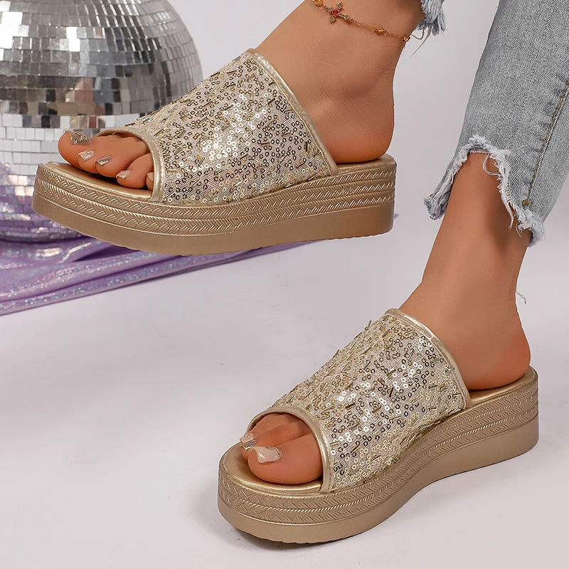 Women's Luxury Sequins Decor Gold Sandals 2026 Summer Thick Sole Platform Wedge Sandals Woman Plus Size 43 Designer Sandalias