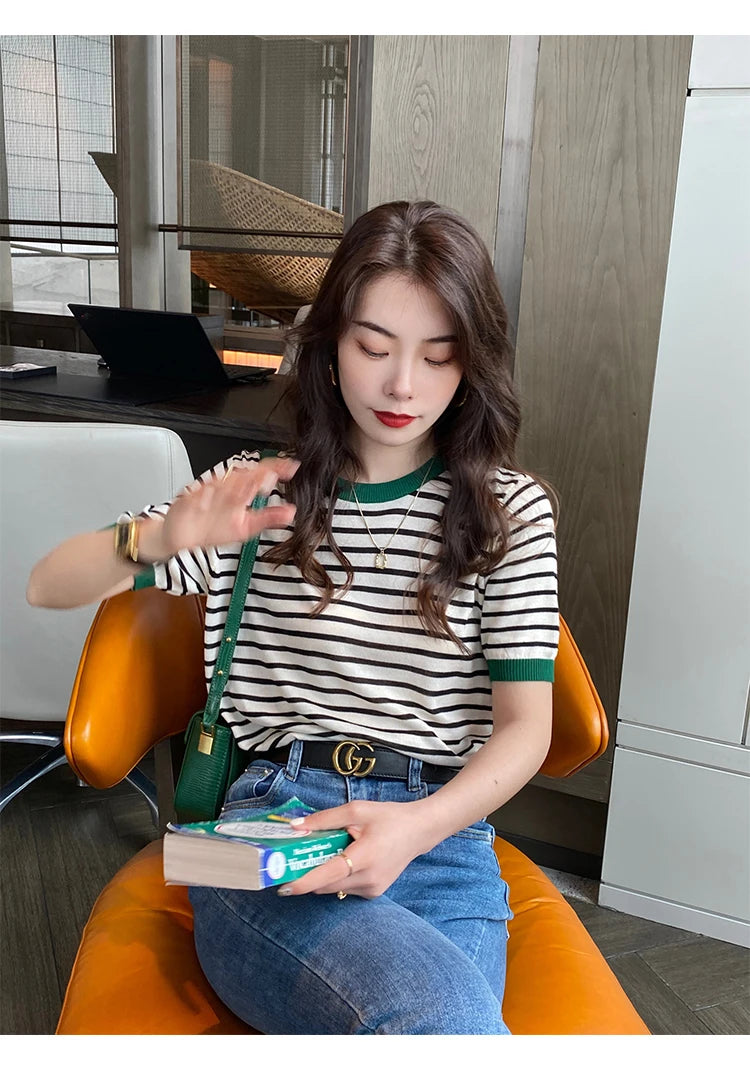 2026 Stripe Tops Women Knitted Round Collar Summer Print Short Sleeve Casual Simple Wild T-Shirt