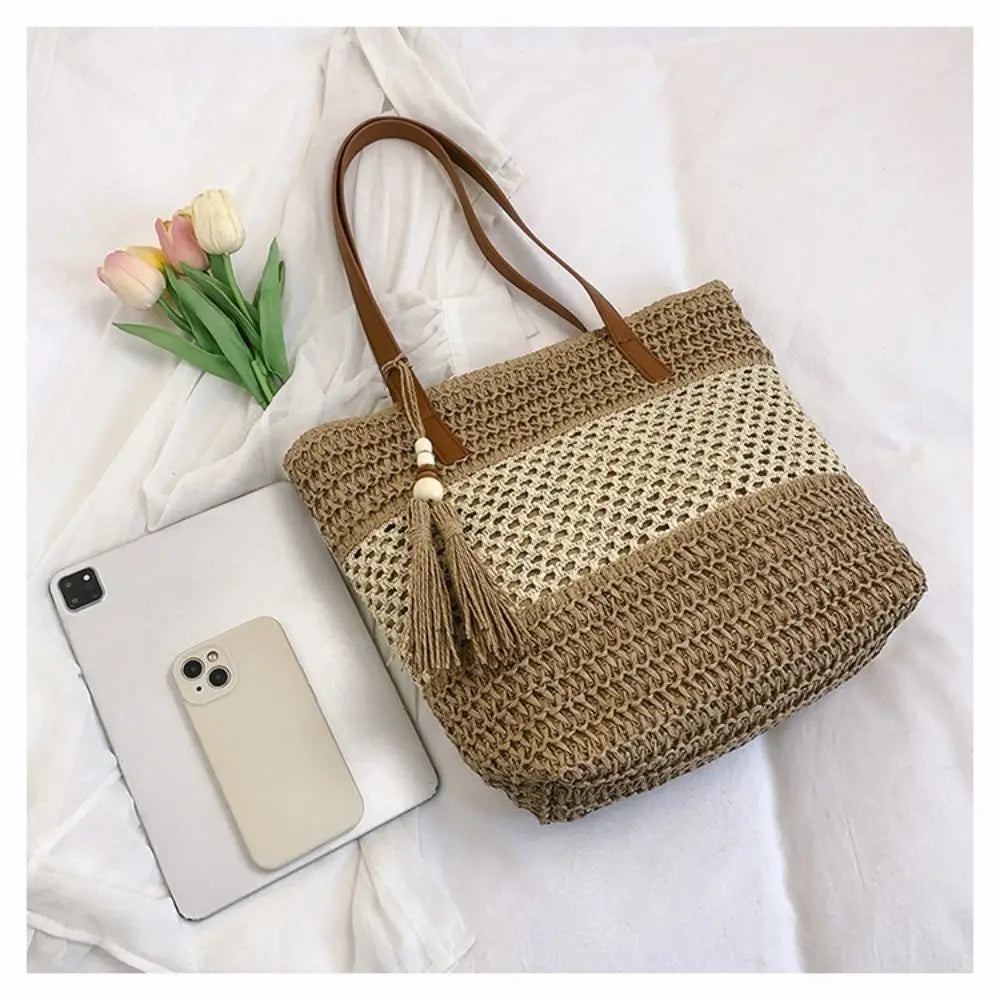 Girls Gift Hollow Out Straw Shoulder Bag Breathable Casual Summer Beach Bag Portable Bohemian Weave Tote Bag Outdoor