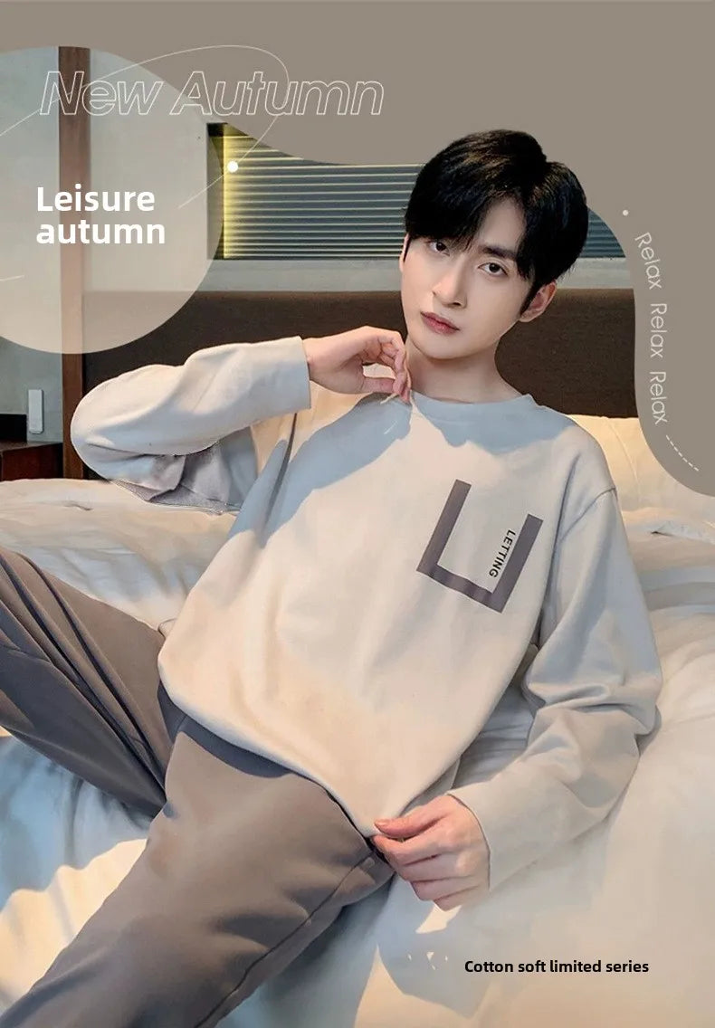 Plus Size Men Pajama Set Long Sleeve Long Pants Student Loose Casual Sleepwear Loungewear Two Piece Set Cartoon Nightwear
