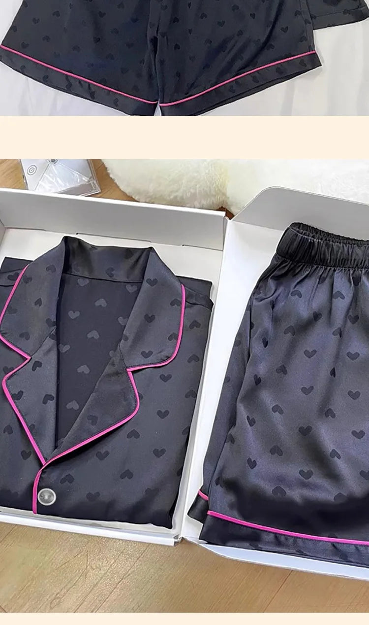 Summer Nightwear for Women: Ice-Silk Cool-Touch Short-Sleeved Premium Black Heart-Print Outerwear-Style Loungewear Fashion Set