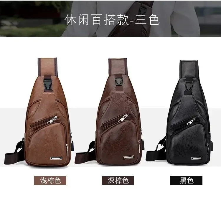 Men's Chest Bags Pack Business Messenger USB Charging Fashion PU Leather Waist Outdoor Casual Sports Brand Single Shoulder Bag