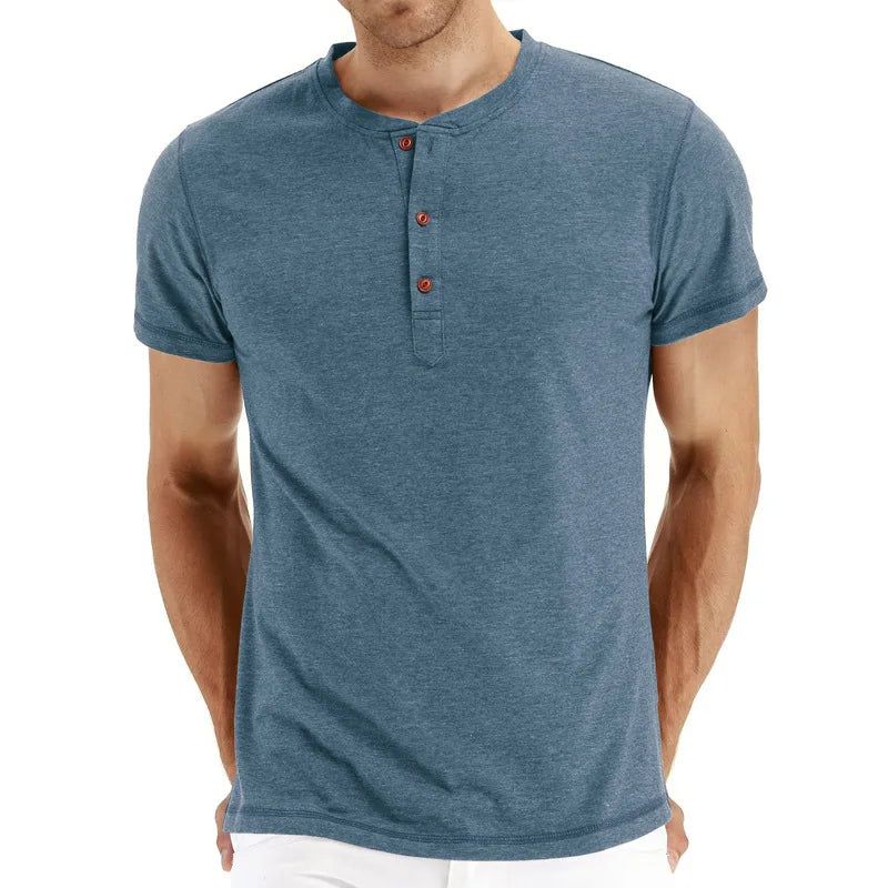 Summer Men T Shirt Short Sleeve Fashion Henley Collar Tshirt Solid Button Casual Men's Tshirts Cotton Tops Tees Mens Clothing