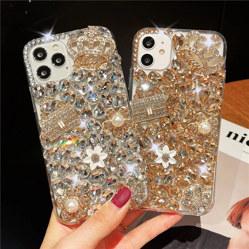 Luxury Bling Flower Diamond Bag Crown Rhinestone Case For iphone 15Pro 14Plus 13 Mini 12 11Pro 17 Air 16 PLUS Cover