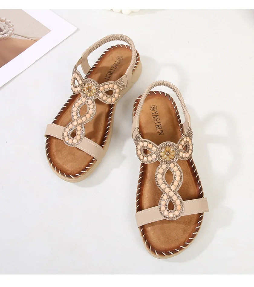 New fashionable Bohemian sandals, round-toe flat sandals for women, rhinestone-decorated large-size women's sandals