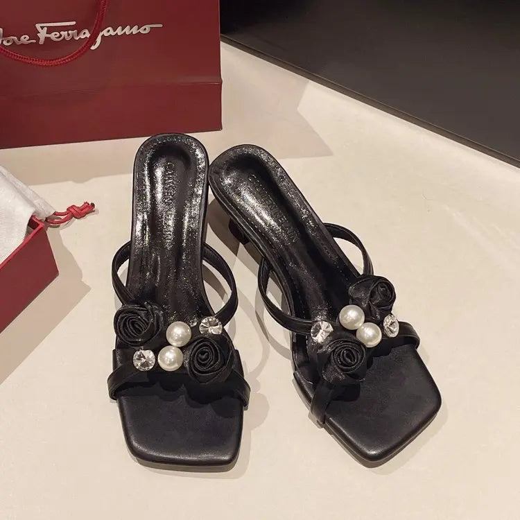 Fashionable Floral Pearl Summer Sandals Women's Trendy Slip-On Shoes Korean Style Elegant Mid Heel PU Leather Artificial Inte