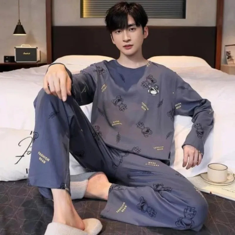 Plus Size Men Pajama Set Long Sleeve Long Pants Student Loose Casual Sleepwear Loungewear Two Piece Set Cartoon Nightwear