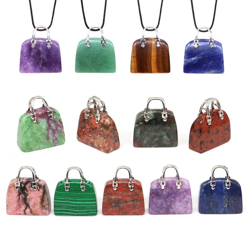 Handbag Shape Pendant Natural Crystal Stone Amethyst Quartz Healing Gems Fashion Bag Crafts for Jewelry Making DIY Necklace Gift