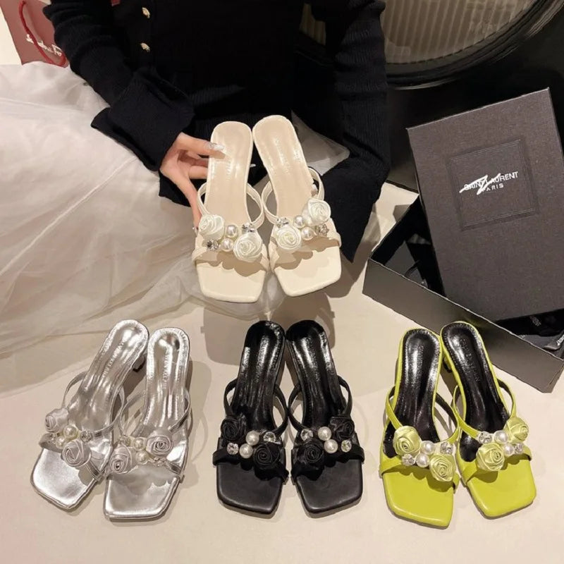Fashionable Floral Pearl Summer Sandals Women's Trendy Slip-On Shoes Korean Style Elegant Mid Heel PU Leather Artificial Inte