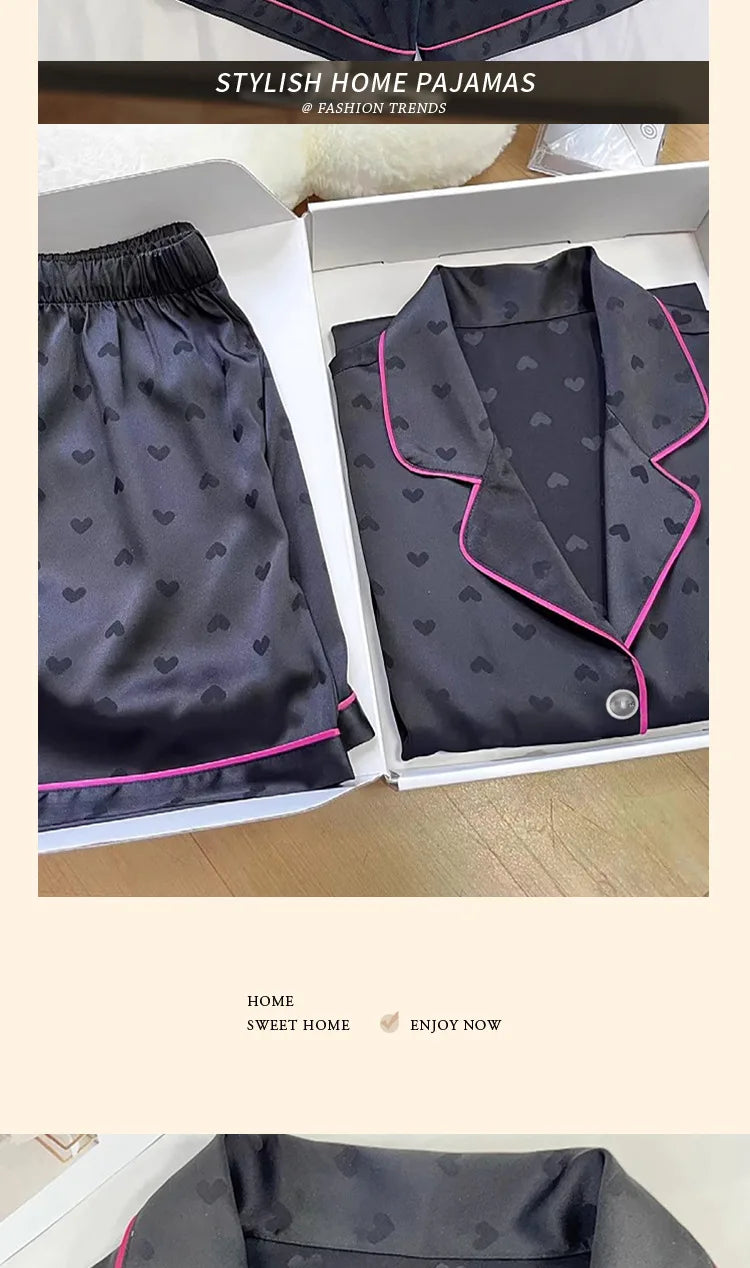 Summer Nightwear for Women: Ice-Silk Cool-Touch Short-Sleeved Premium Black Heart-Print Outerwear-Style Loungewear Fashion Set