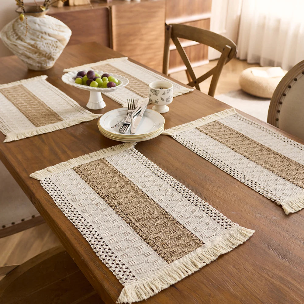 Placemat Set of 4，Handmade Boho Natural Cotton Burlap and Water Straw Woven Combination Table Mats, Macrame Décor and Farmhouse