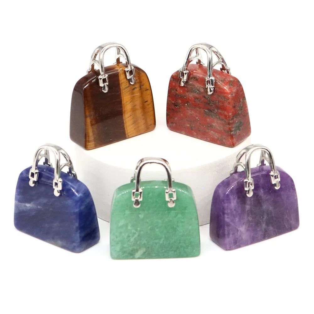 Handbag Shape Pendant Natural Crystal Stone Amethyst Quartz Healing Gems Fashion Bag Crafts for Jewelry Making DIY Necklace Gift