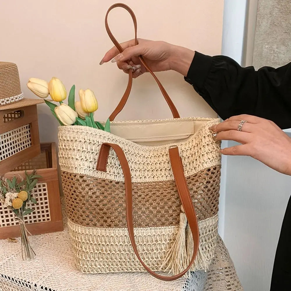 Girls Gift Hollow Out Straw Shoulder Bag Breathable Casual Summer Beach Bag Portable Bohemian Weave Tote Bag Outdoor