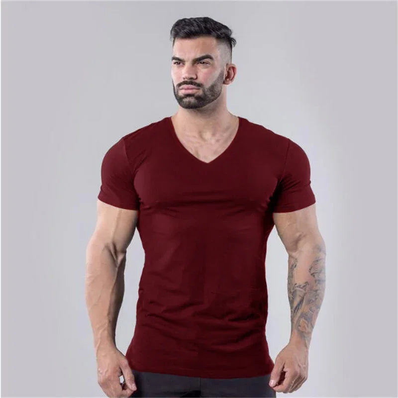 Mens Plain  Summer Cotton Breathable Short Sleeve Shirts Running V-neck T-shirt Gym Bodybuilding Fitness Workout Muscle Clothin
