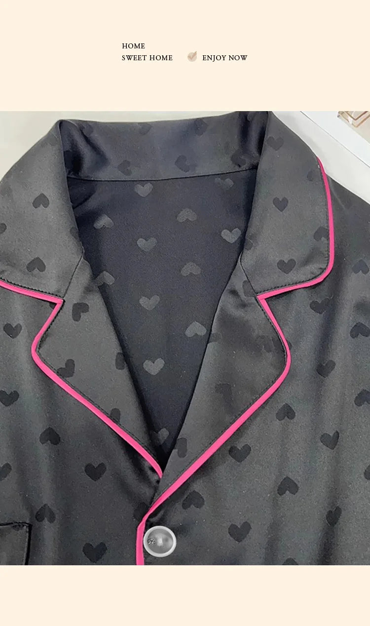 Summer Nightwear for Women: Ice-Silk Cool-Touch Short-Sleeved Premium Black Heart-Print Outerwear-Style Loungewear Fashion Set