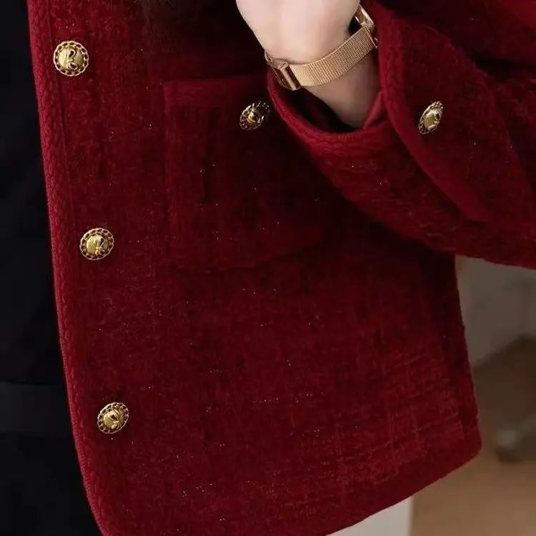 Women's Jacket 2024 Spring Autumn New Red Tweed Small Fragrance Coat Short Blazers Korean Fashion Elegant Female Tops Outerwear