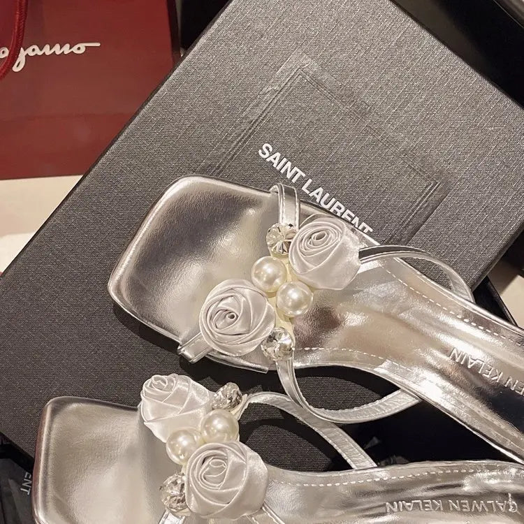 Fashionable Floral Pearl Summer Sandals Women's Trendy Slip-On Shoes Korean Style Elegant Mid Heel PU Leather Artificial Inte