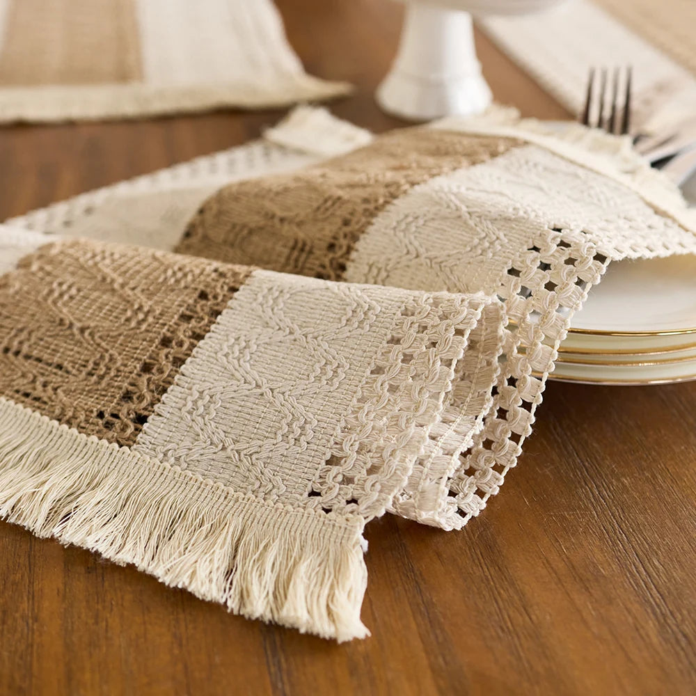 Placemat Set of 4，Handmade Boho Natural Cotton Burlap and Water Straw Woven Combination Table Mats, Macrame Décor and Farmhouse