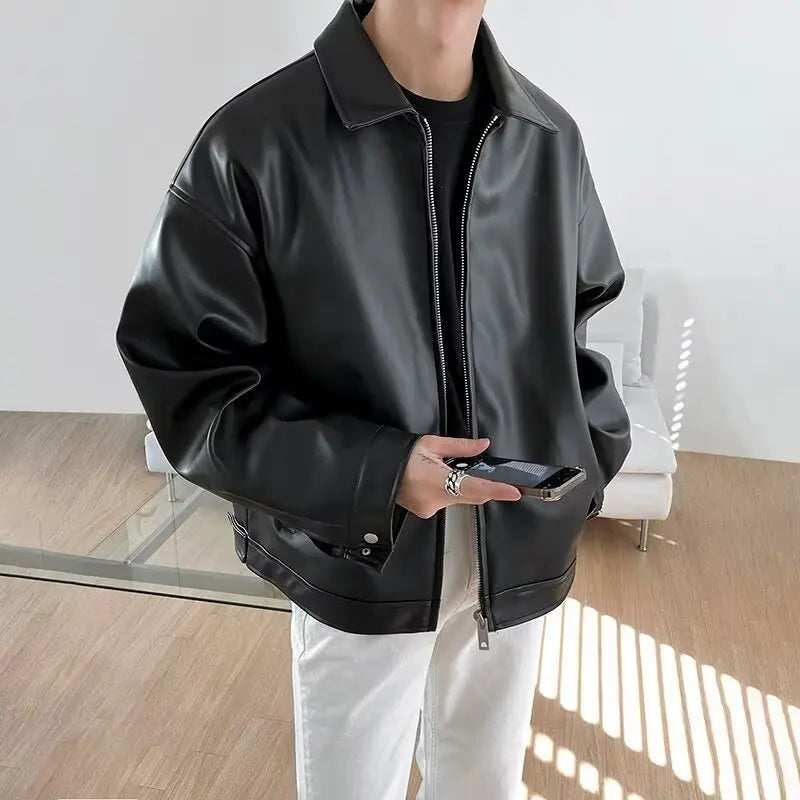 Men's Leather Jacket Men's Biker Jacket Motorcycle Fashionable Waterproof Jacket Waterproof for Rain Motorcyclist Retro