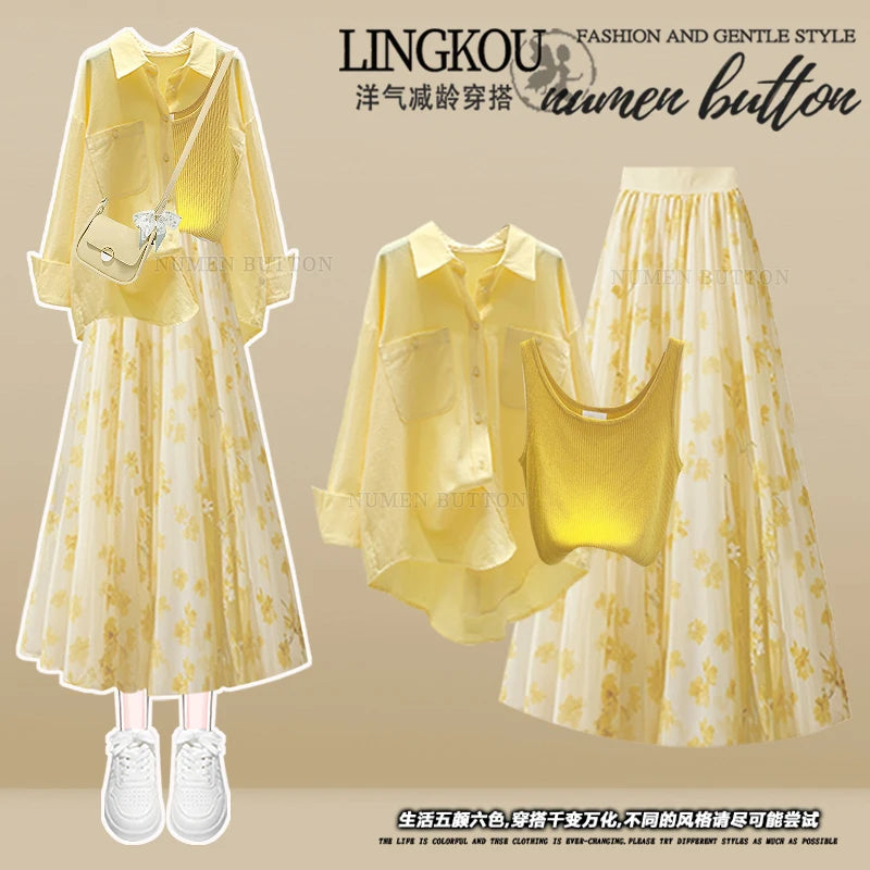 Summer Ele Yellow irt Inner Wear Vest High Waist Slim Floral f-length Skirt Tee-piece Set Women's Faion Ensemble