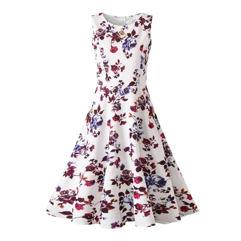 Summer Women Dress Clothing Floral Print Robe Retro Swing Casual Vintage Rockabilly