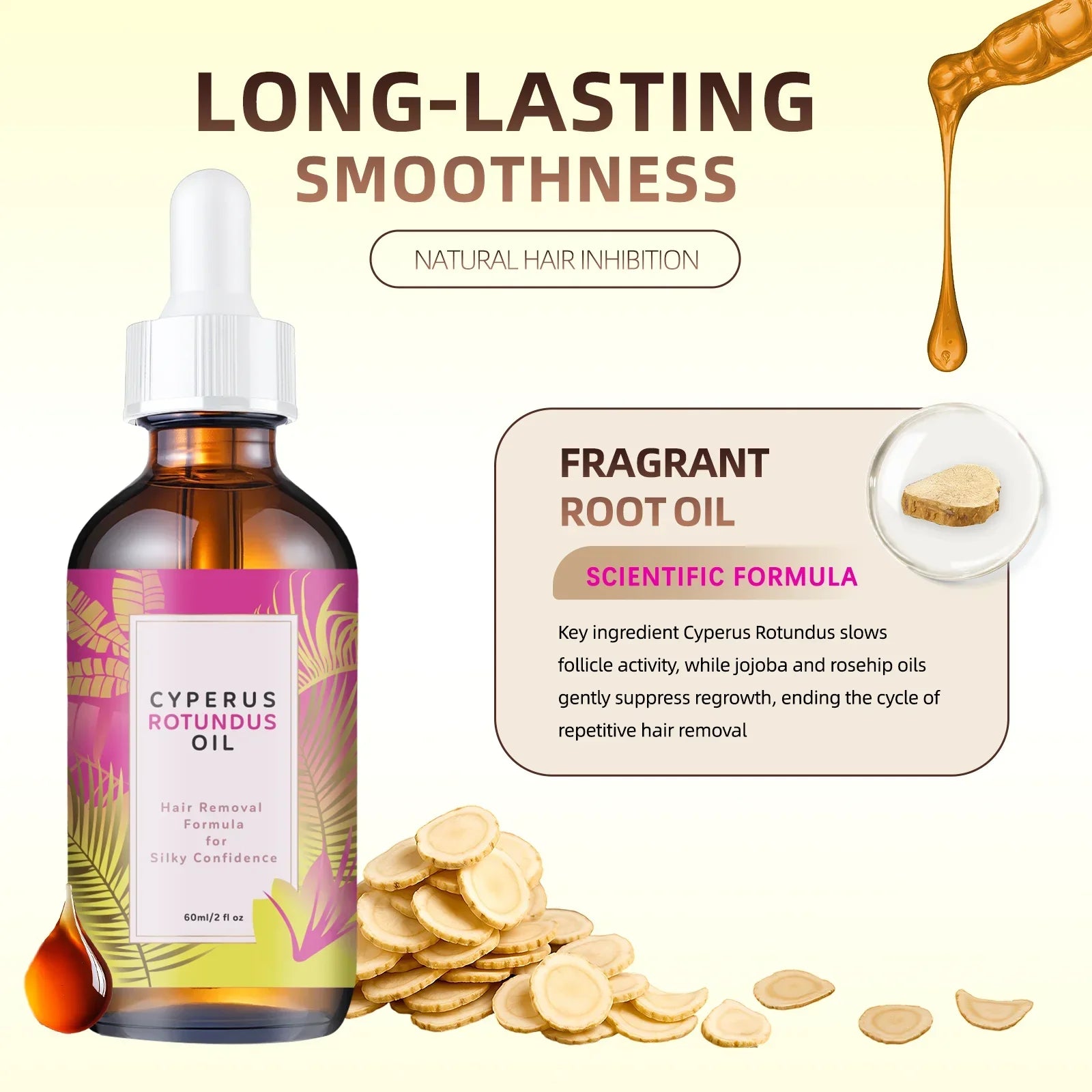 Hair Removal Oil 60ml - Natural Hair Growth Inhibitor with Jojoba & Almond Oil, Gentle Formula for Smooth Skin, All Skin Types