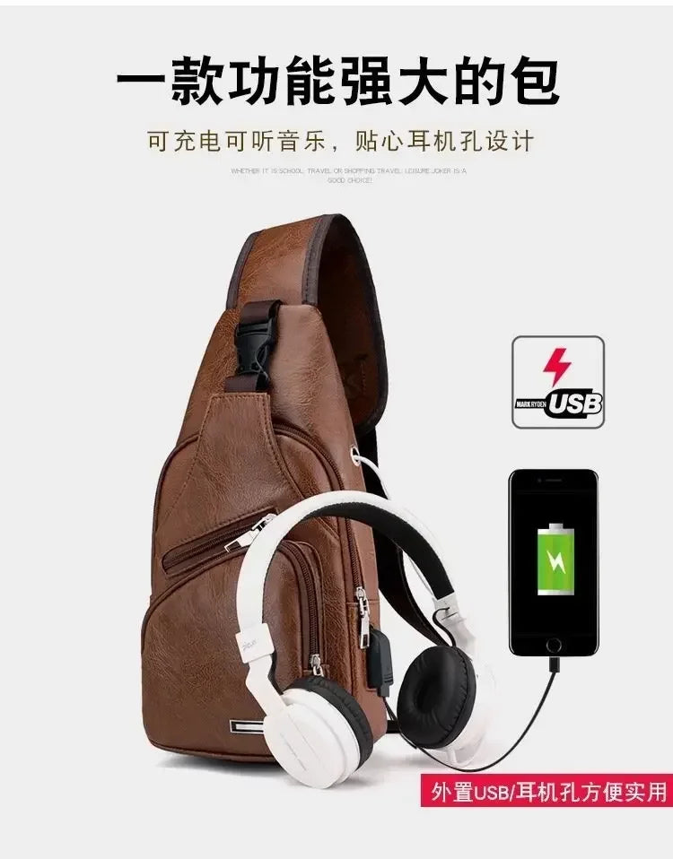 Men's Chest Bags Pack Business Messenger USB Charging Fashion PU Leather Waist Outdoor Casual Sports Brand Single Shoulder Bag