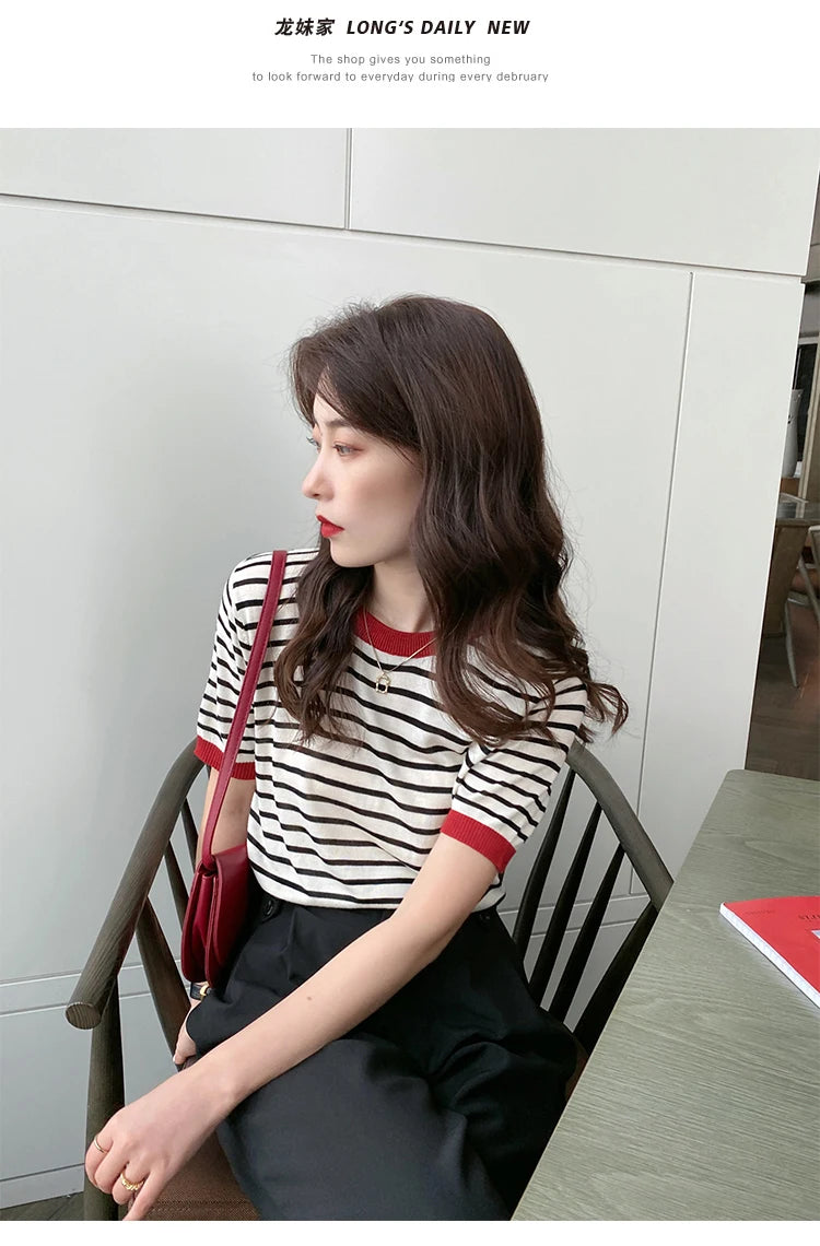 2026 Stripe Tops Women Knitted Round Collar Summer Print Short Sleeve Casual Simple Wild T-Shirt