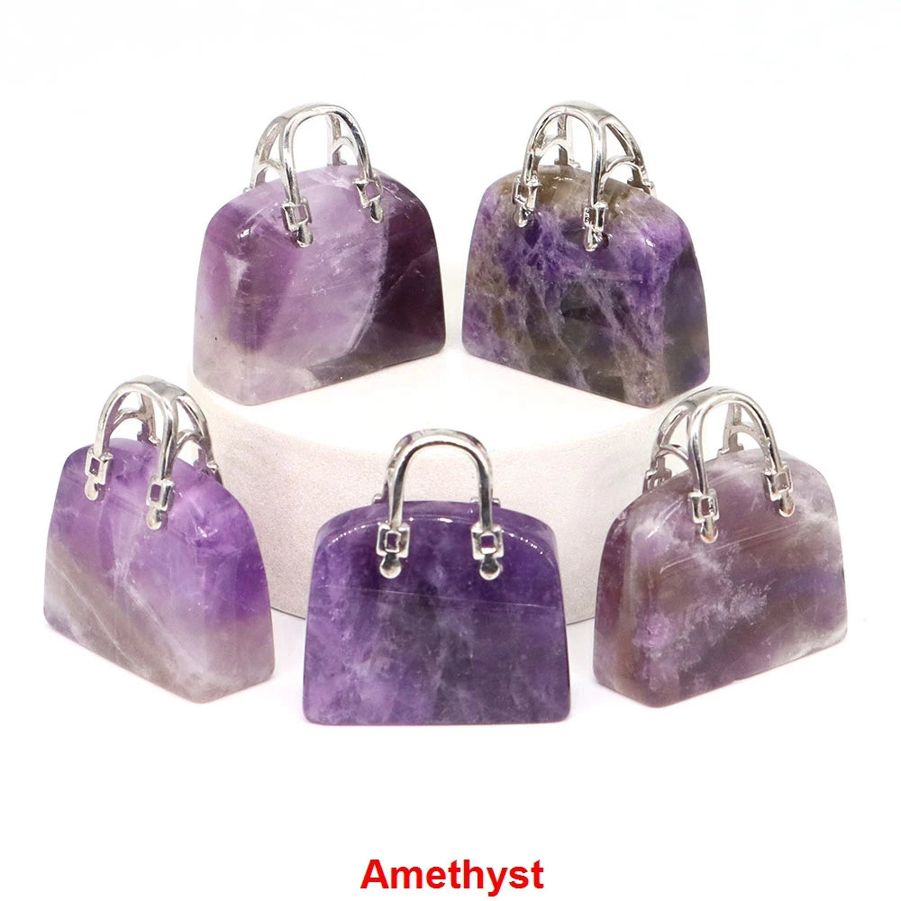 Handbag Shape Pendant Natural Crystal Stone Amethyst Quartz Healing Gems Fashion Bag Crafts for Jewelry Making DIY Necklace Gift