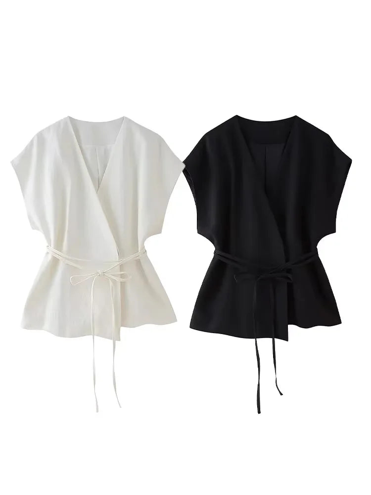 HH Women Summer Elegant Suits Flax Blended Double-lapel Lace-up Vest Tops Raglan Sleeve Button Decoration Streetwear Vest