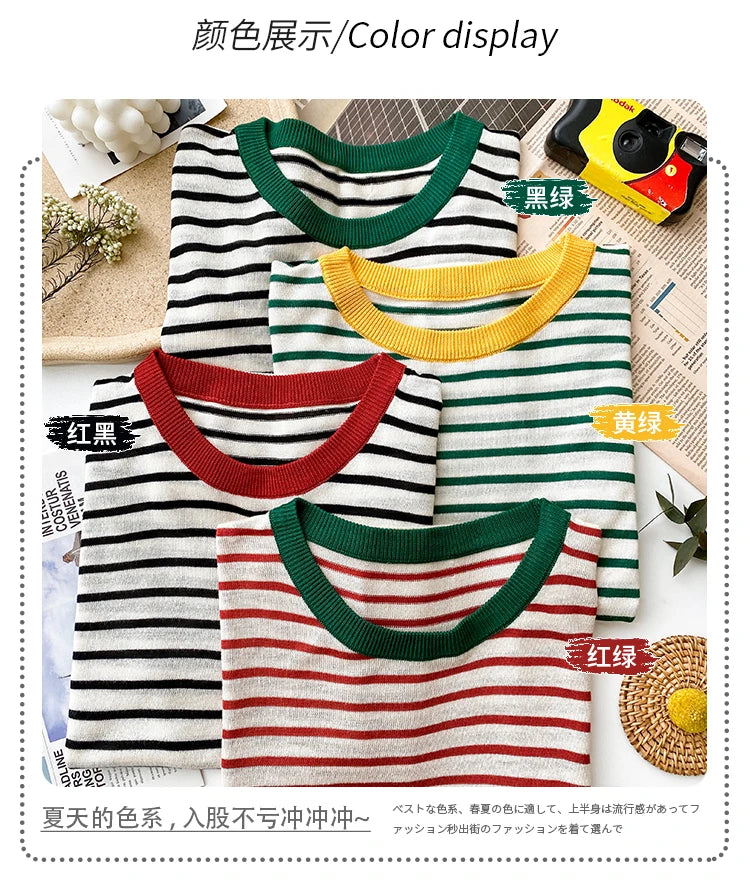 2026 Stripe Tops Women Knitted Round Collar Summer Print Short Sleeve Casual Simple Wild T-Shirt