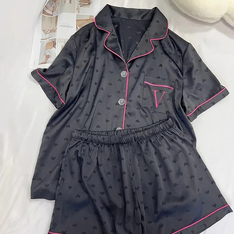 Summer Nightwear for Women: Ice-Silk Cool-Touch Short-Sleeved Premium Black Heart-Print Outerwear-Style Loungewear Fashion Set