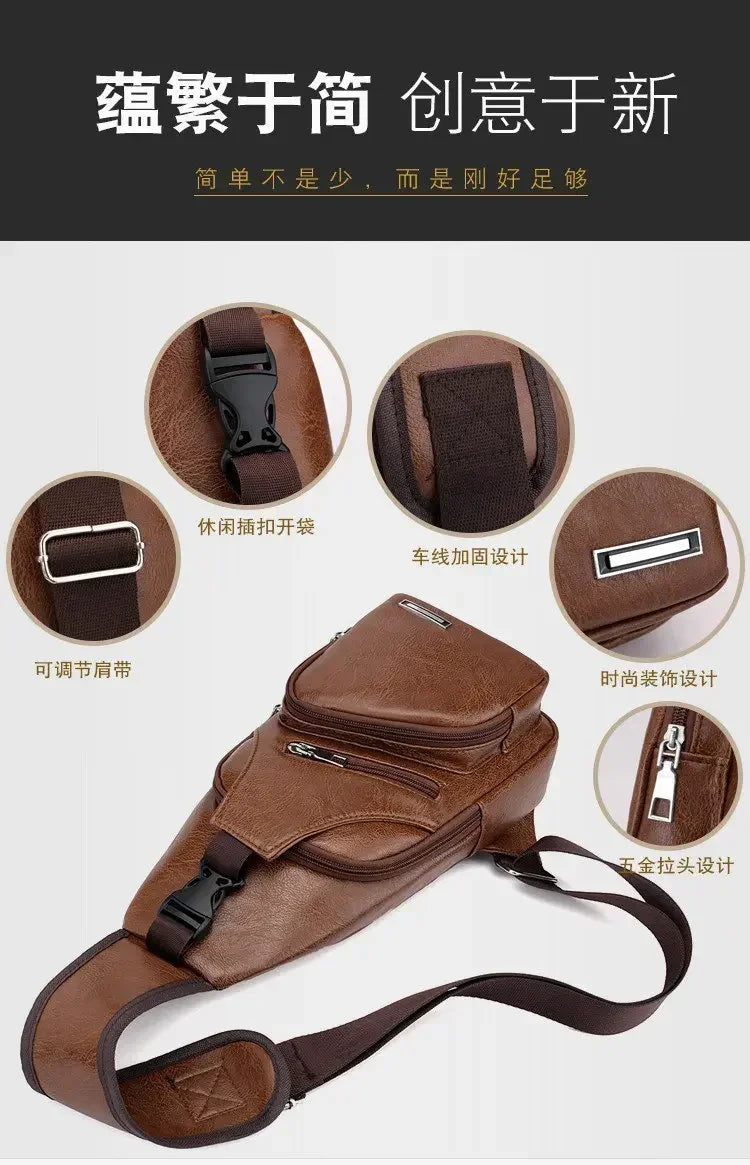 Men's Chest Bags Pack Business Messenger USB Charging Fashion PU Leather Waist Outdoor Casual Sports Brand Single Shoulder Bag