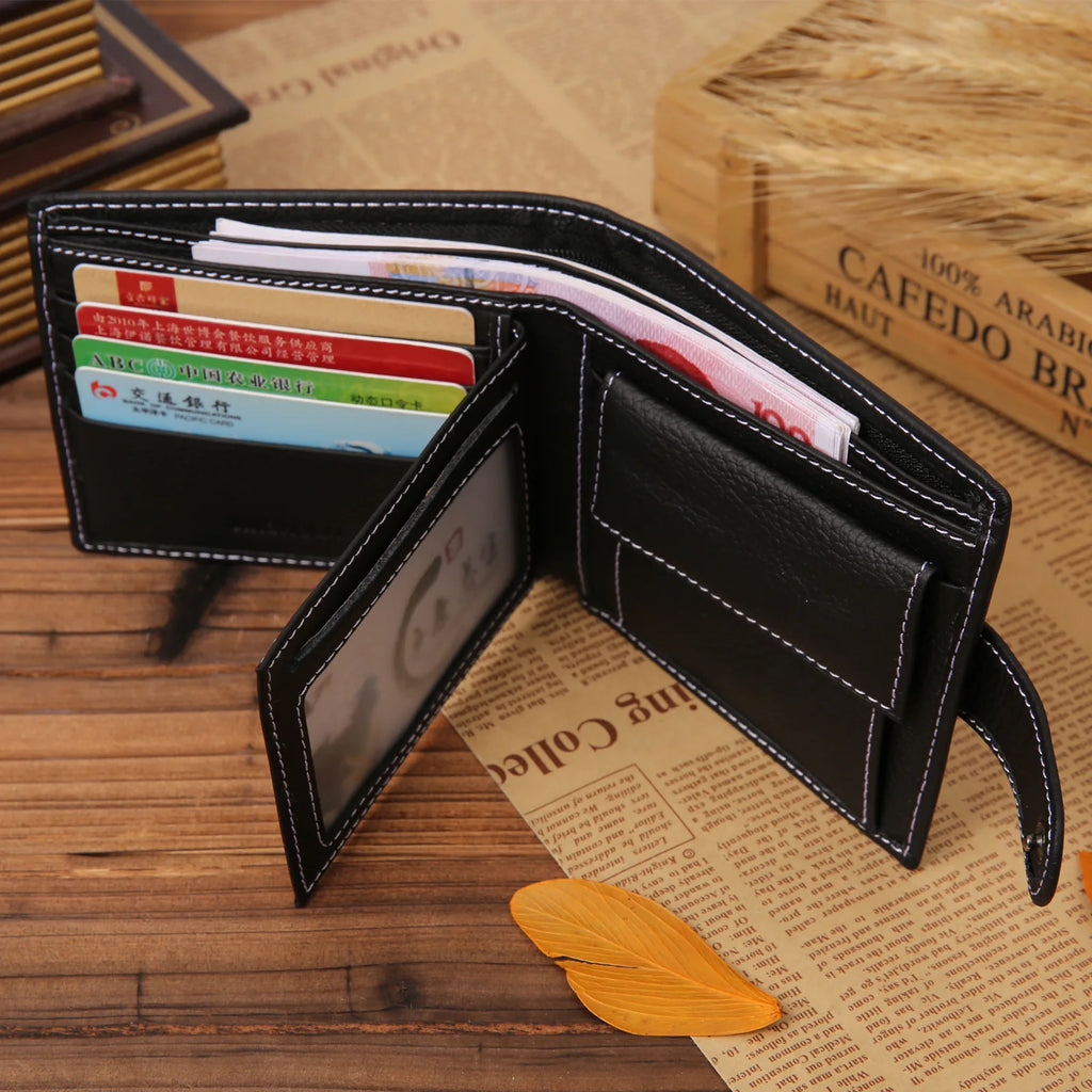 Genuine Leather Mens Wallet Premium Product Real Cowhide Wallets for Man Short Black Walet Portefeuille Homme Short Purses