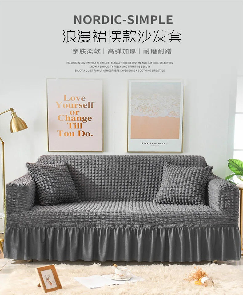 Sofa Cover for Living Room Thick Ruffled Seersucker Elastic L Shaped Corner Sofa Cover 1/2/3/4 Seater Cover for Sofa