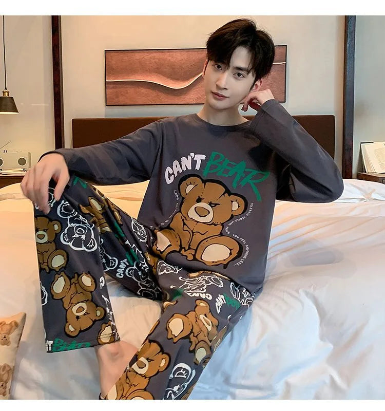 Plus Size Men Pajama Set Long Sleeve Long Pants Student Loose Casual Sleepwear Loungewear Two Piece Set Cartoon Nightwear